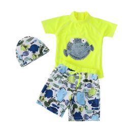 Boys Swimsuit Lovely Two Pieces Bathing Suit with Swimming Cap Fluorescent Green(D0101HXLMFU)